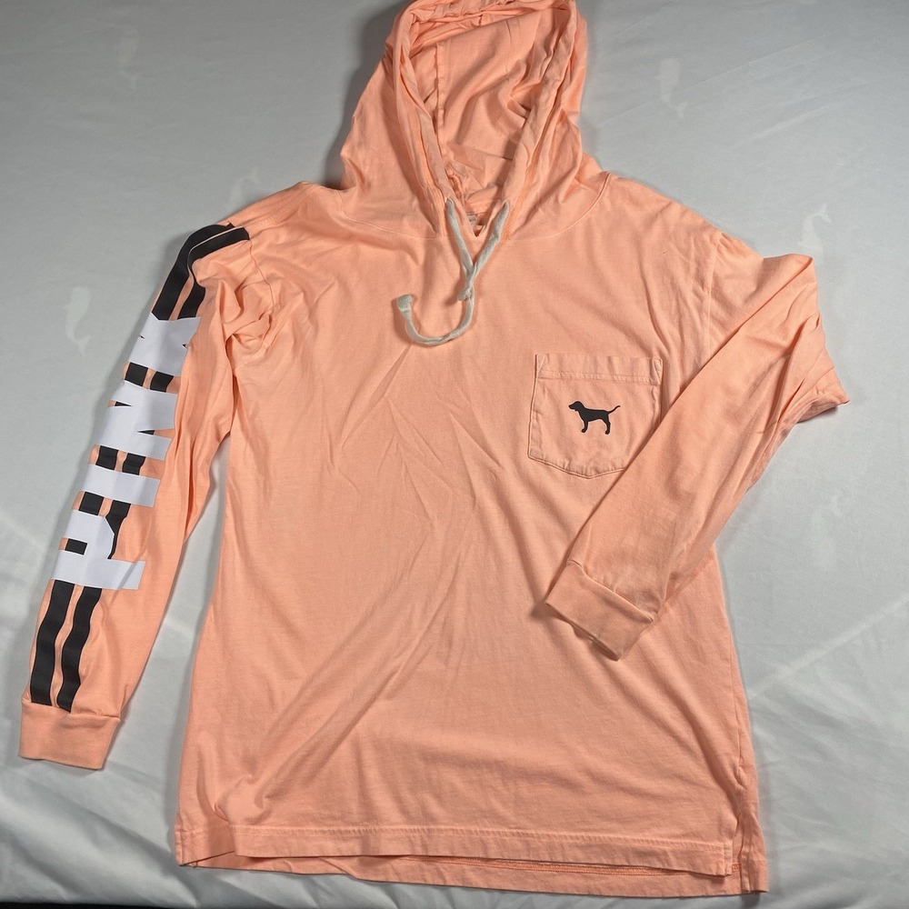 Victoria's Secret Pink Campus Long Sleeve Hoodie Tee Paradise Peach XS RARE